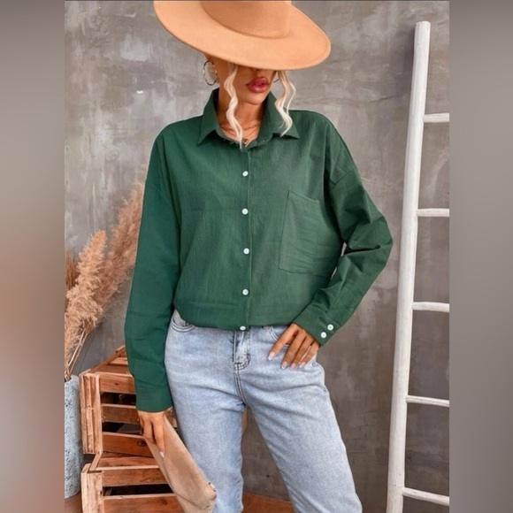 SHEIN Tops - Women’s Spring & Autumn Casual Solid Forest Green Color Long Sleeve Shirt Sz L